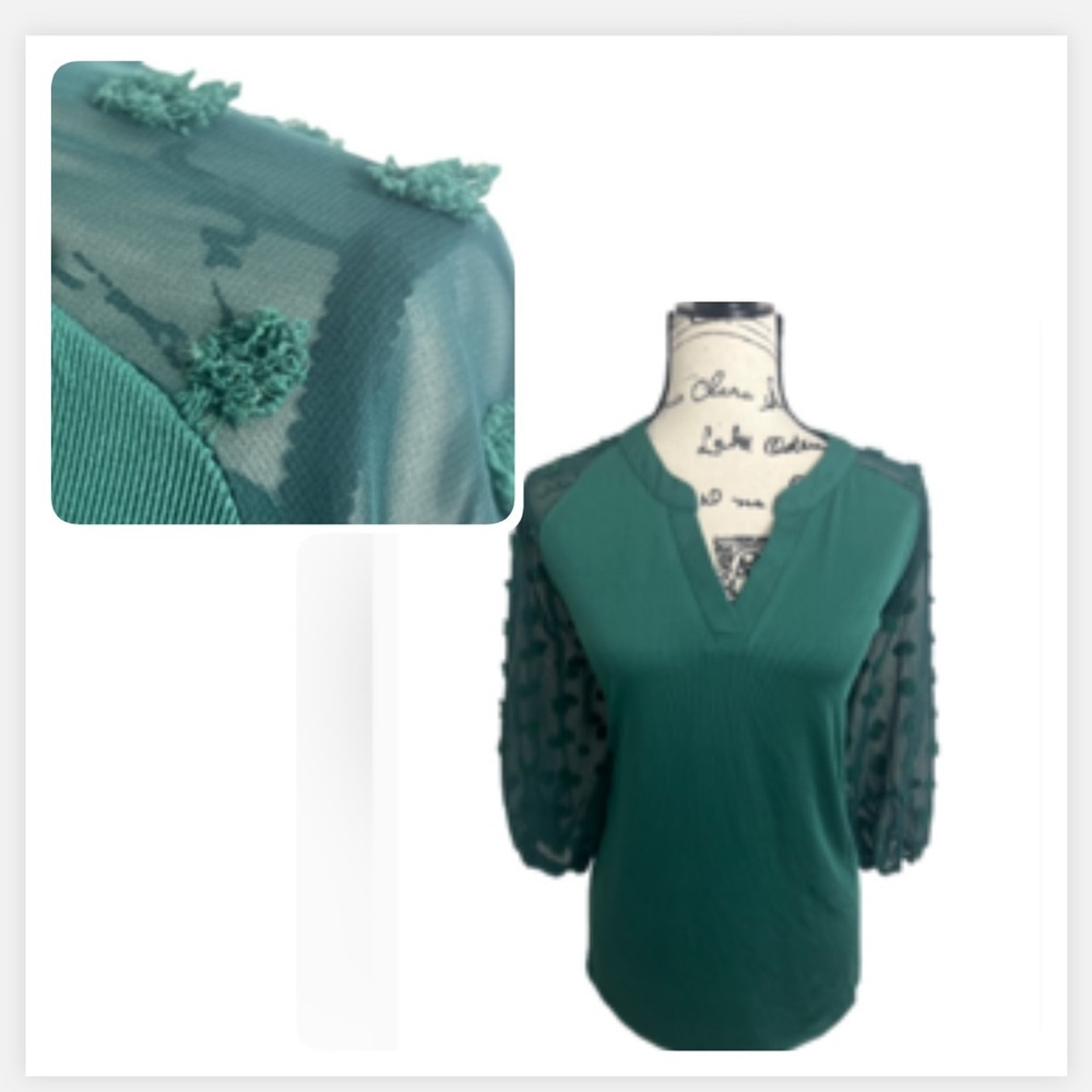 Bothenial Green Ruffled v neck Blouse with textured  Puff Sleeves size xl‎